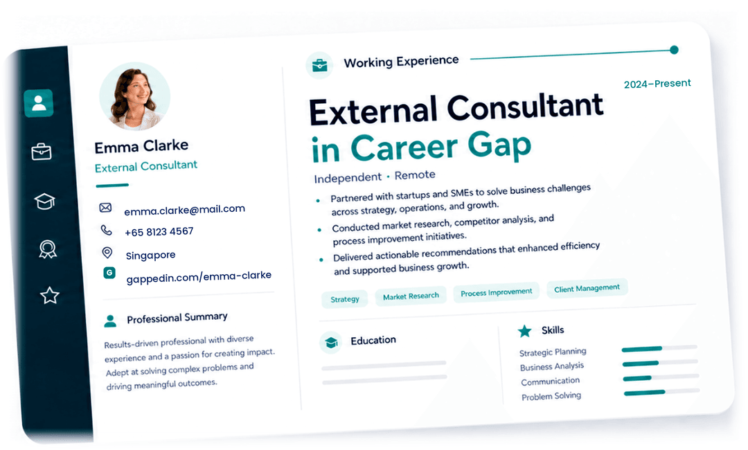 Resume showing External Consultant in Career Gap on Gappedin